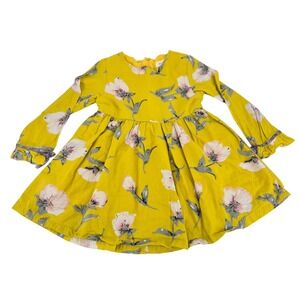 Bear Leader Mustard Yellow Floral Ruffle Sleeve Cotton Jumper Dress Size 120